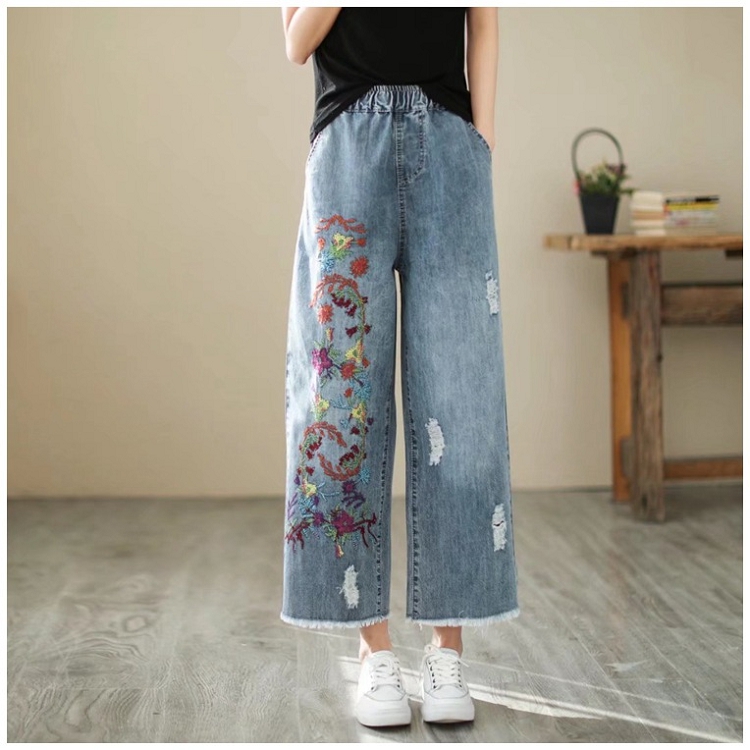 ジーンズ デニム パンツ ズボン 花柄 ダメージ レディース 森ガール 
