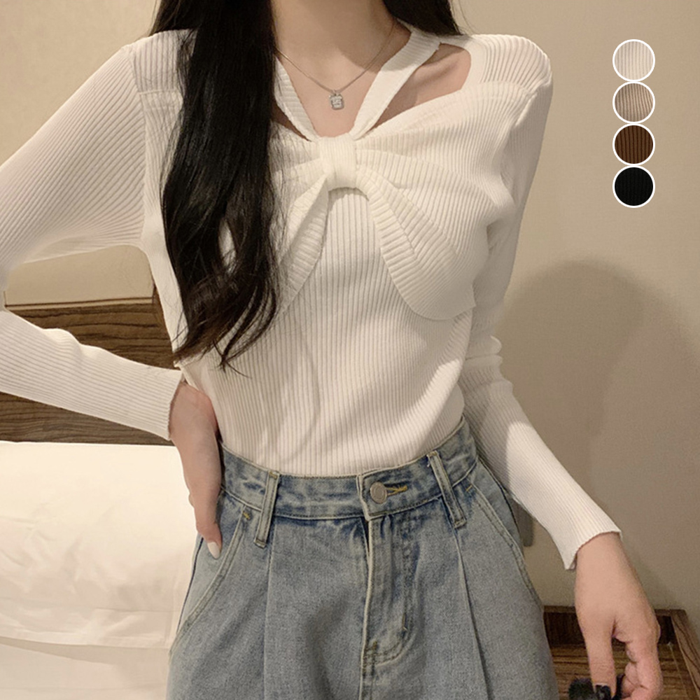 フロントリボンリブニットトップス大人秋服 。可  