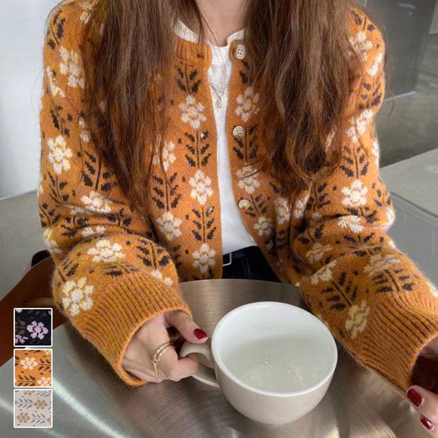 ニットカーディガン レディース コーディガン 羽織り カーデ カーディ ジャガード ゆったり 花柄 長袖 オーバーサイズ秋冬 シンプル 