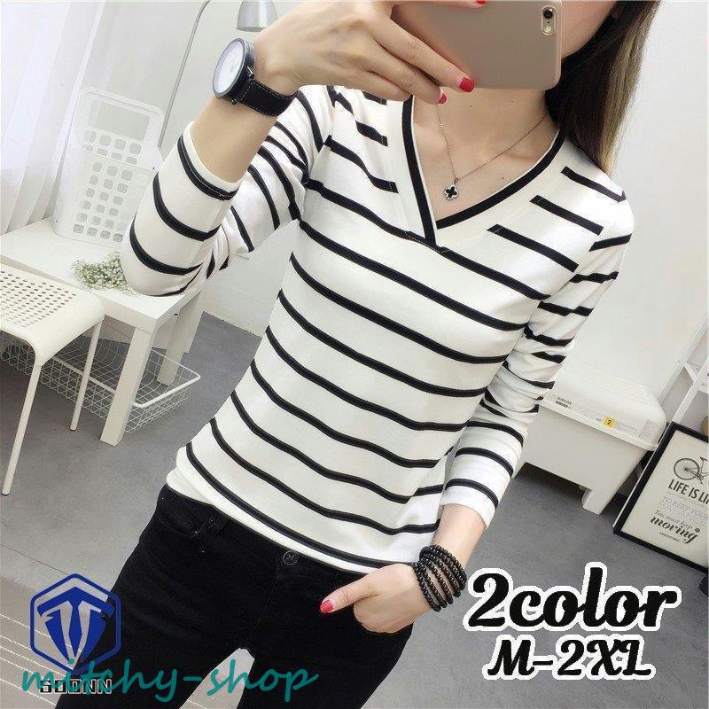 長袖カットソー レディース 婦人服 トップス ロングTシャツ ロンT Vネック ボーダー柄 かわいい カジュアル デイ普段使い おしゃれ 縞模様 