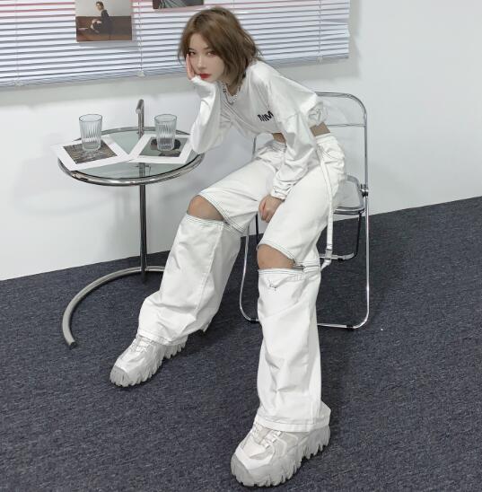 足カバー ファスナースリット 絶対領域 ロングパンツ 韓国 ストリート レディース HIPHOP K-POP 衣装 原宿系 ダンス 