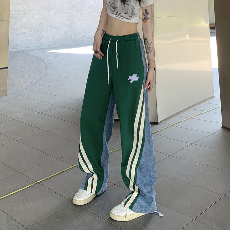 デニム 切替 ラインパンツ ジャージ 韓国 ストリート K-POP 衣装 ダンス レディース 原宿系 HIPHOP 