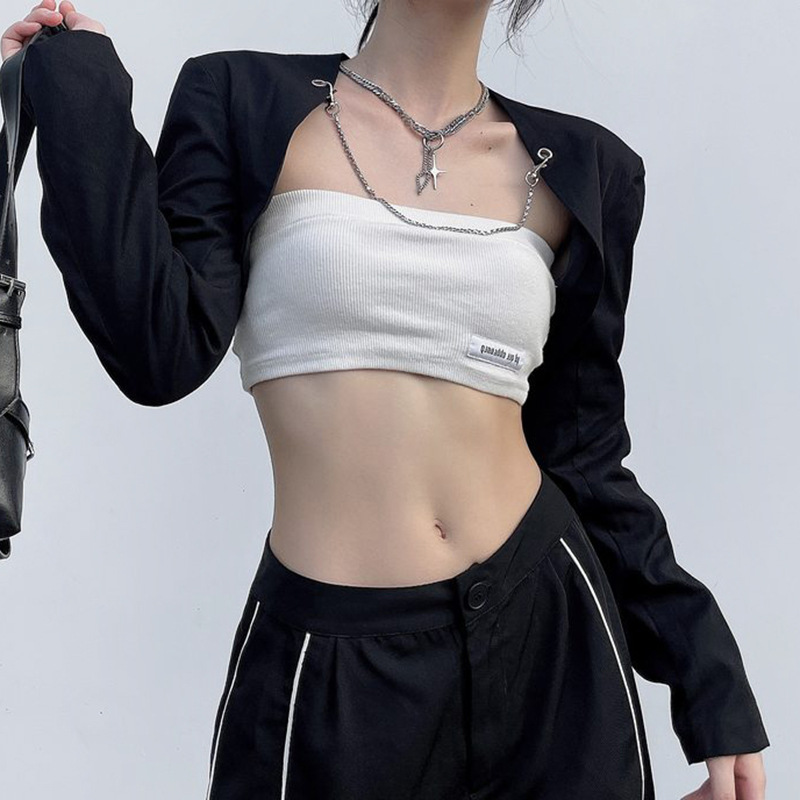 ショート丈 ジャケット ボレロ チェーン 韓国 ストリート 原宿系 レディース HIPHOP K-POP ダンス衣装 