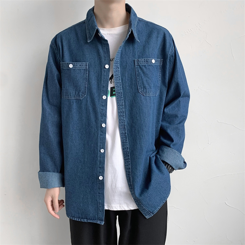 メンズ シャツ カジュアルシャツ デニムシャツ ブルー 春秋 普段着 アウター 上着 ポケット スタイリッシュ 男子トップス 長袖 