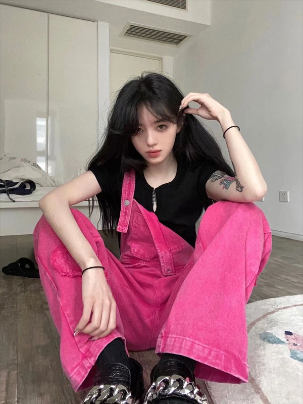 デニム オーバーオール サロペット ハート柄 韓国 ストリート HIPHOP オルチャン 原宿系 Y2K ダンス衣装 レディース 