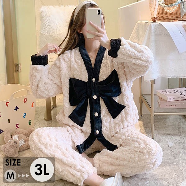 もこもこパジャマ レディース ビッグリボン 冬 かわいい 長袖 プレゼント 上下セット 可愛い 結婚祝い 韓国 部屋着 おうち時間 ルームウェア 