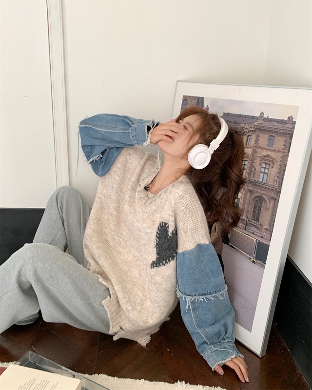 デニム 切替 ハート柄 ステッチ ダメージ セーター K-POP オルチャン ストリート HIPHOP ダンス ニット 原宿系 衣装 Y2K 韓国 レディース 
