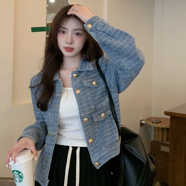 アウター デニム ジャケット デニムジャケット ジャカードデニム レディース 襟付き キレセク ライトアウター 羽織 長袖 ミディアムジャケット 
