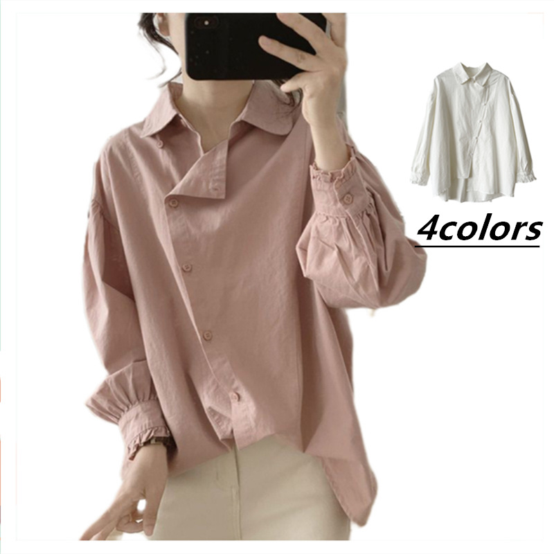 お取り寄せ商品 シャツ レディース ブラウス 長袖 4M-3XL 襟付き ポロ襟 ゆったり シンプル シャツブラウス トップス 大きいサイズ対応 パフスリーブ 