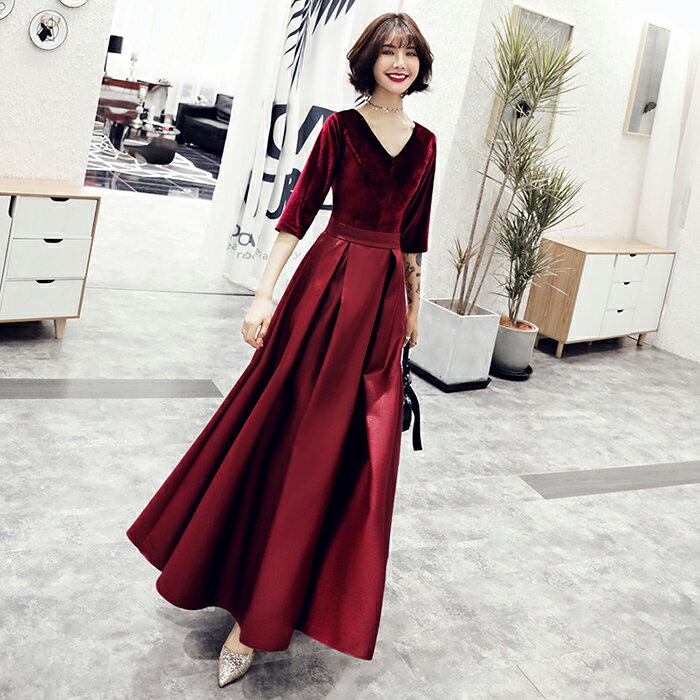 カラードレス パーティードレス 演奏会 発表会 イブニングドレス フォーマル コンサート カクテルドレス Vネック ワインレッド 5分袖 コンクール 