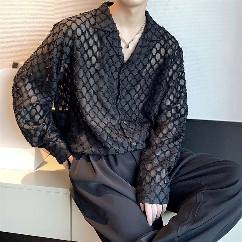 メンズ シャツ カジュアルシャツ 長袖 白黒 透け感 男子トップス ダンスウェア 公演 菱形 発表会 春秋 スタイリッシュ 上着 ブラック ナイトクラブ 