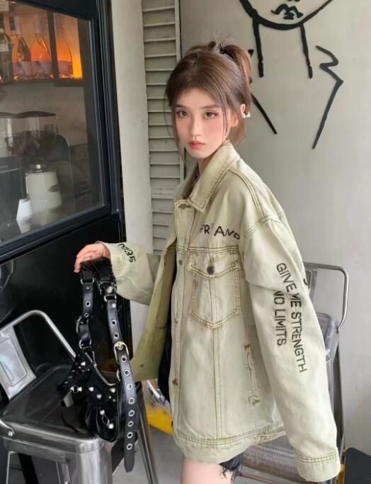 バックプリント ロゴ 英文字 デニム ジャケット ジージャン 韓国 ダンス衣装 Y2K レディース 原宿系 HIPHOP ストリート オルチャン 