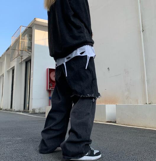 重ね着風 切替 デニム パンツ ジーンズ 韓国 K-POP HIPHOP 原宿系 ストリート ダンス衣装 Y2K レディース オルチャン 