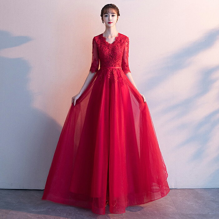 カラードレス パーティードレス 演奏会 発表会 イブニングドレス フォーマルドレス ファスナー コンサート Vネック レッド 袖あり カクテルドレス コンクール 