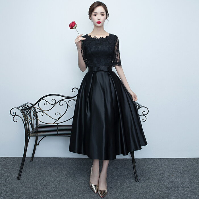 カラードレス パーティードレス 演奏会 発表会 イブニングドレス フォーマル 5分袖 コンクール カクテルドレス ブラック ファスナー ミモレ丈ドレス コンサート 