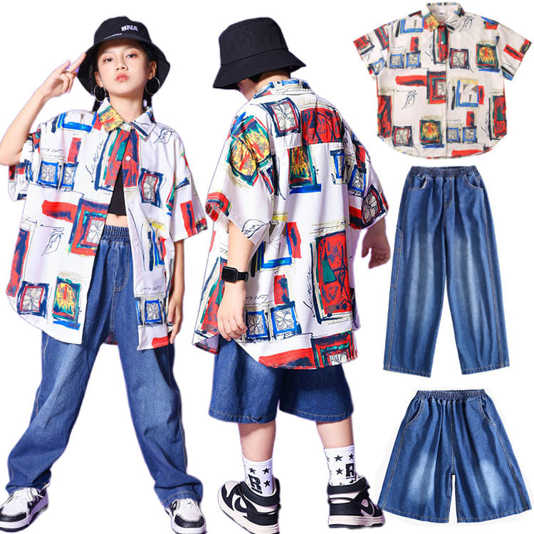 キッズダンス衣装 シャツ デニムパンツ 男の子 女の子 子供服 おしゃれ ゆるシャツ 衣装 ロングパンツ ダンス キッズダンス 韓国 ヒップホップ 衣装 キッズ 