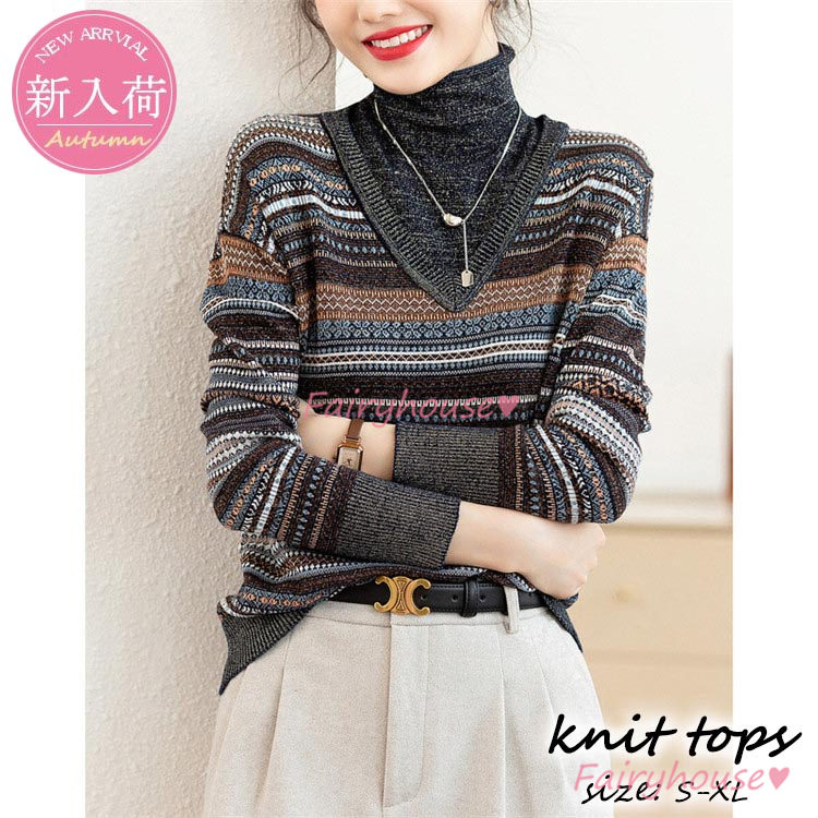 ニットトップス レディース 秋冬 40代 長袖セーター 配色 ハイネック セーター オシャレ 50代 30代 ゆったりプルオーバー 大人ニットインナー ショット丈 