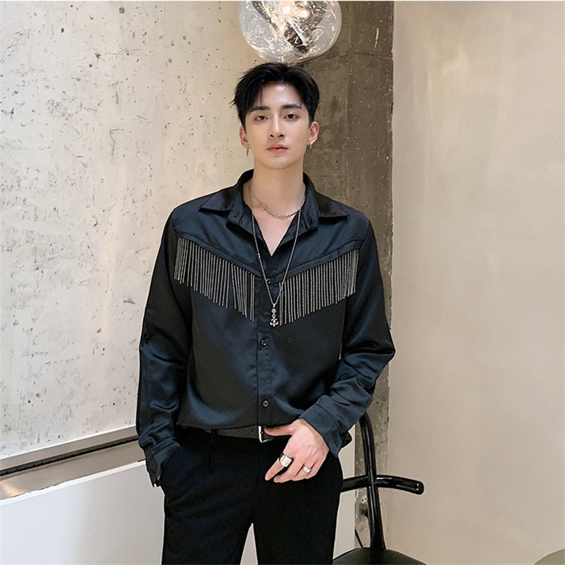 メンズ シャツ カジュアルシャツ 長袖 ブラック クール フリンジ 春秋 ナイトクラブ 男子トップス ダンスウェア 発表会 公演 オシャレ ヒップホップ 