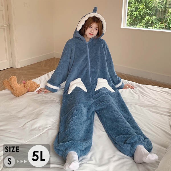 もこもこパジャマ オールインワン レディース サメ柄 冬 かわいい 大きいサイズ 寝間着 フード付き 長袖 ルームウェア 前開き 韓国 プレゼント 
