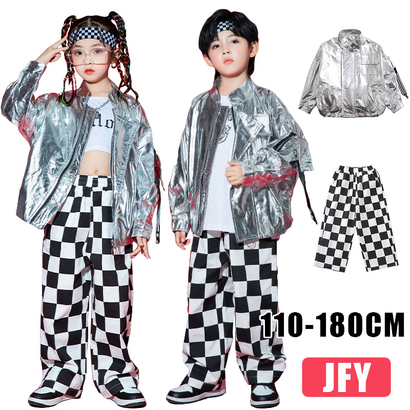 キッズ ダンス衣装 子供 ヒップホップ 長袖 ジャケット ストト 子供服 チェック柄 男の子 女の子 ステージ衣装 派手 ロングパンツ シルバー 舞台衣装 文化祭 