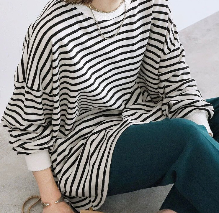 ゆるボーダー柄＆無地ビッグプルオーバーボーダー トップス 長袖 カットソー Tシャツ スウェット きれいめ 冬 カジュアル ガーゆったり 秋 長袖 