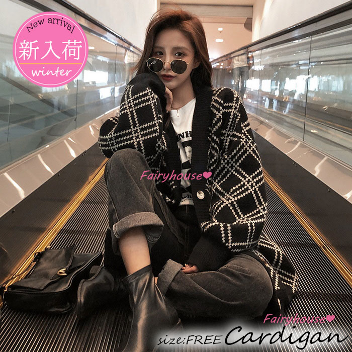 ニットカーディガン レディース 秋冬 40代 長袖ニットコーディガン チェック柄Vネックカーディガン 50代 ゆったりアウター ショット丈セーター 秋服 おしゃれ 