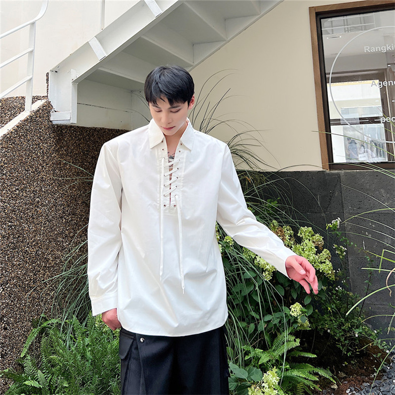 メンズ シャツ カジュアルシャツ 長袖 ワーク 上着 春秋 白黒 スタイリッシュ クラブ ダンスウェア ワイシャツ 発表会 編み上げ 無地 公演 男子トップス 