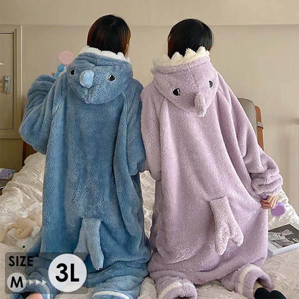 もこもこパジャマ ナイトガウン レディース サメ柄 冬 かわいい 前開き プレゼント 長袖 寝間着 ルームウェア 部屋着 結婚祝い フード付き 