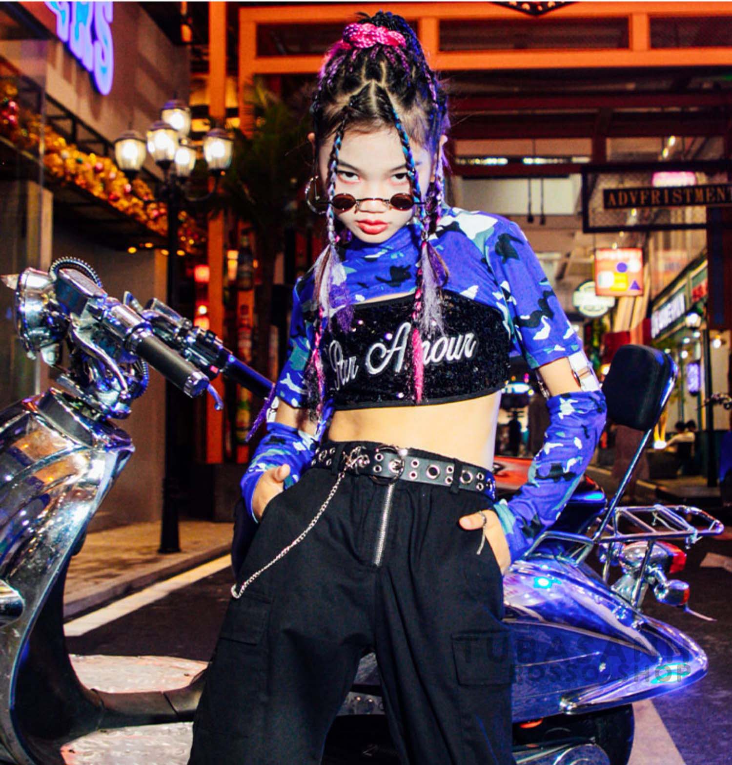 ダンス衣装 キッズ 女の子 迷彩 黒 紫 韓国 HIPHOP へそ出し 演習 ステージ衣装 ジャズダンス衣装 ヒップホップ セット 