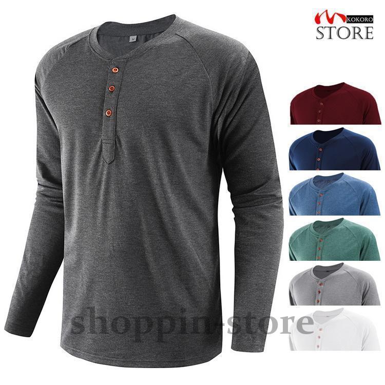 ロンT メンズ 大きいサイズ 長袖Tシャツ トップス ボタン付き 綿混 夏物 Tシャツ クルーネック ティーシャツ 