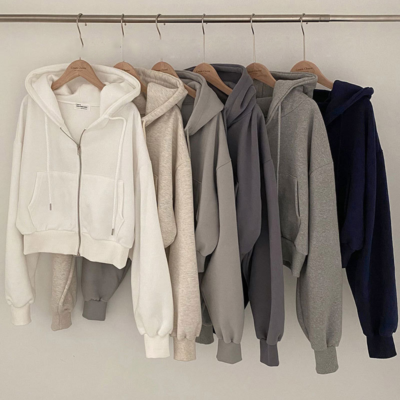 レディース 春秋 無地 スウェット 短め丈 長袖 フード付き トップス お洒落 カジュアル トレーナー 体型カバー ジップアップ アウター 