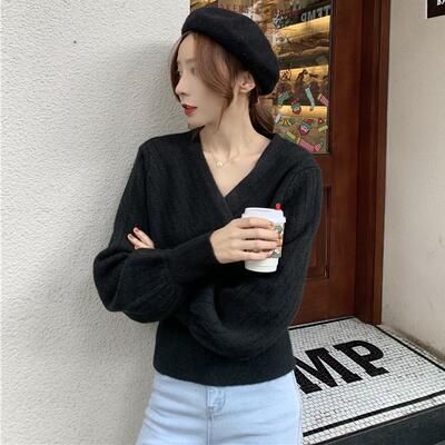 ニット トップス レディース カシュクール カットソー Vネック セーター フェミニン ショート丈 きれいめ 体型カ 可愛い 長袖 かっこいい おしゃれ カジュアル 