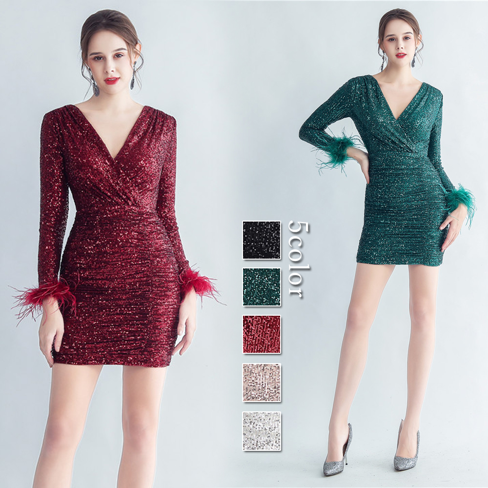 カラードレス ミニドレス 長袖 パーティードレス 結婚式 二次会 演出 ワンピース 演奏会 ミディアムドレス 発表会 スパンファスナー フォーマルドレス 