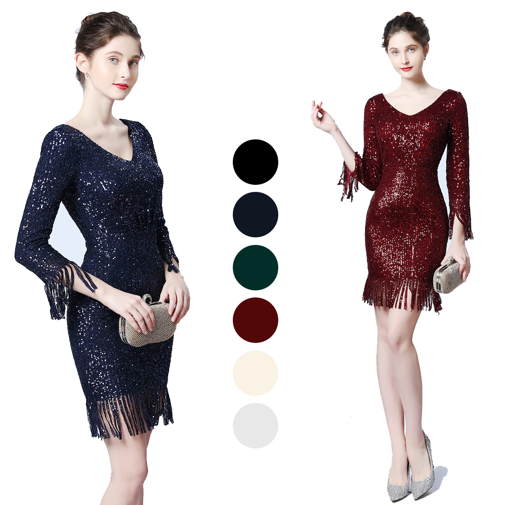 カラードレス 長袖 ミニドレス パーティードレス 結婚式 二次会 演奏会 ワンピース 発表会 ミディアムドレス スパンファスナー フォーマルドレス 演出 