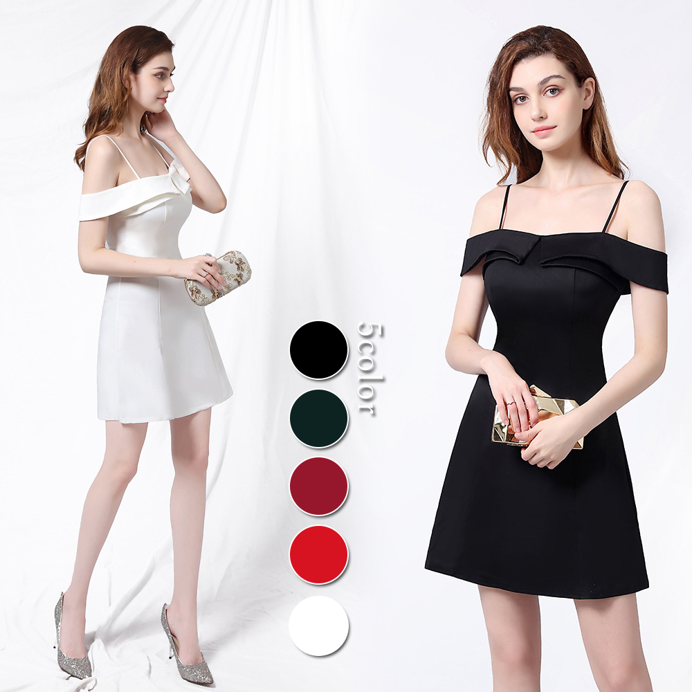 カラードレス ミニドレス パーティードレス 結婚式 二次会 発表会 サテン オフショルダー 演奏会 ミディアムドレス フォーマルドレス ワンピース ファスナー 