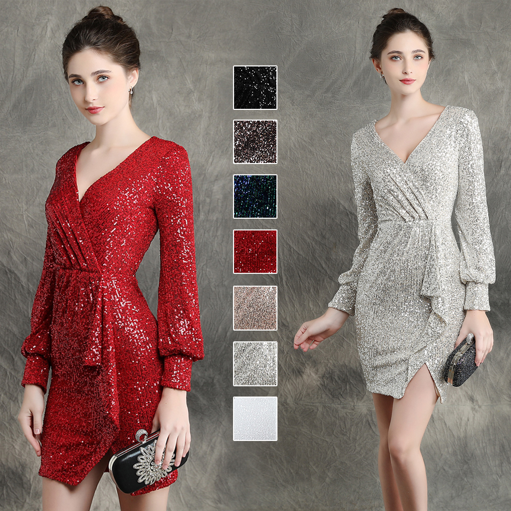 カラードレス ミニドレス パーティードレス 結婚式 二次会 発表会 ワンピース 長袖 演出 演奏会 ミディアムドレス スパンファスナー フォーマルドレス 