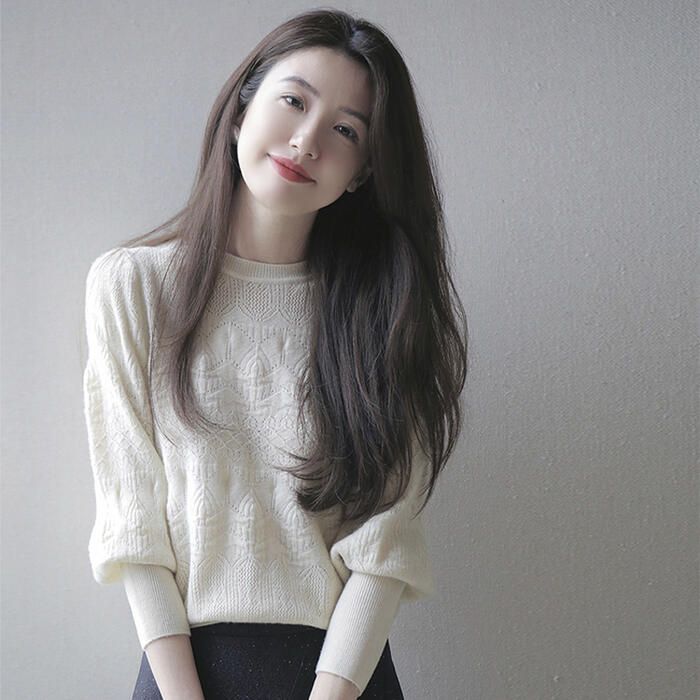 ウール混 トップス ニット クルーネック セーター 長袖 大人可愛い ベーシ フェミニン シンプル きれいめ パフスリーブ レディース カジュアル おしゃれ レース 