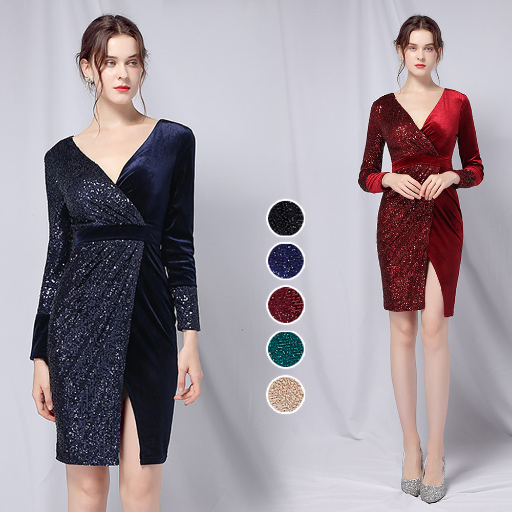 カラードレス ミニドレス 長袖 パーティードレス 結婚式 二次会 演出 演奏会 発表会 スパンファスナー ワンピース ミディアムドレス フォーマルドレス 