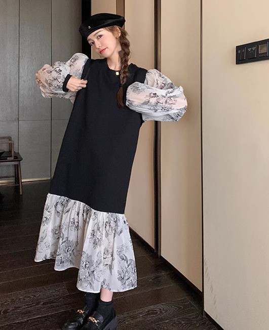 レイヤード風ワンピース レディース ワンピース 長袖 ロング 花柄 ファッション フ重ね着風ワンピース シアー袖 ベスト ニット 秋冬 韓国 大きいサイズ 