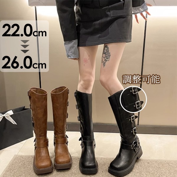 ロングブーツ レディース 黒 防水 レインブーツ ベルト 美脚 秋冬 秋冬 膝丈 雪 雨天兼用 太ヒール 雨 靴 脚長 5.5CMヒール 