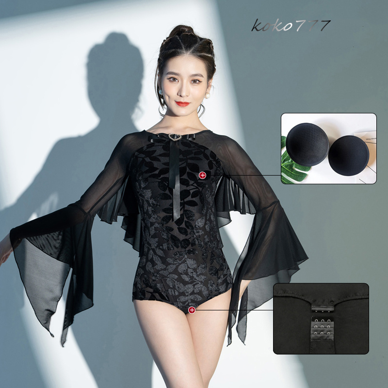 Tシャツ レディース レオタード 上衣 リボン ラテンダンス ウェア フレア袖 ロンパース 公演 発表会 練習着 女子服 モダンダンス 部活 舞台衣装 学園祭 柄物 