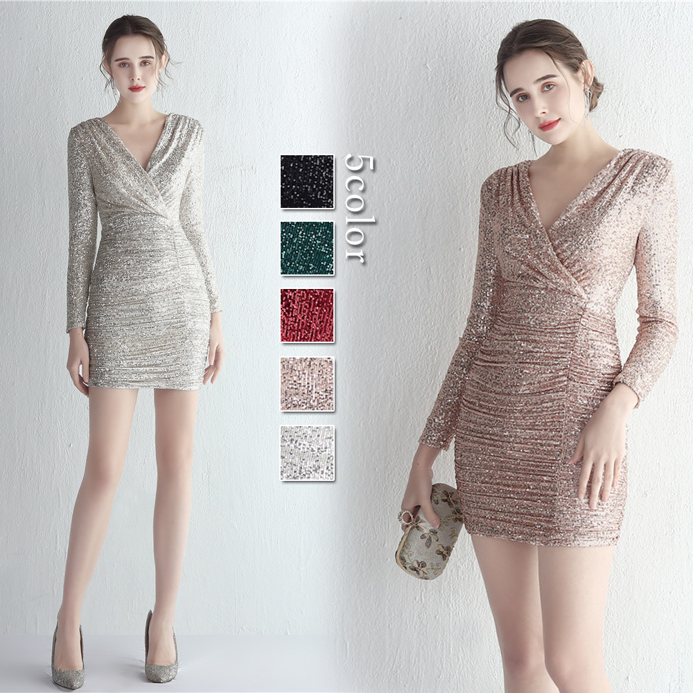 カラードレス ミニドレス 長袖 パーティードレス 結婚式 二次会 演出 ミディアムドレス 発表会 スパンファスナー 演奏会 ワンピース フォーマルドレス 