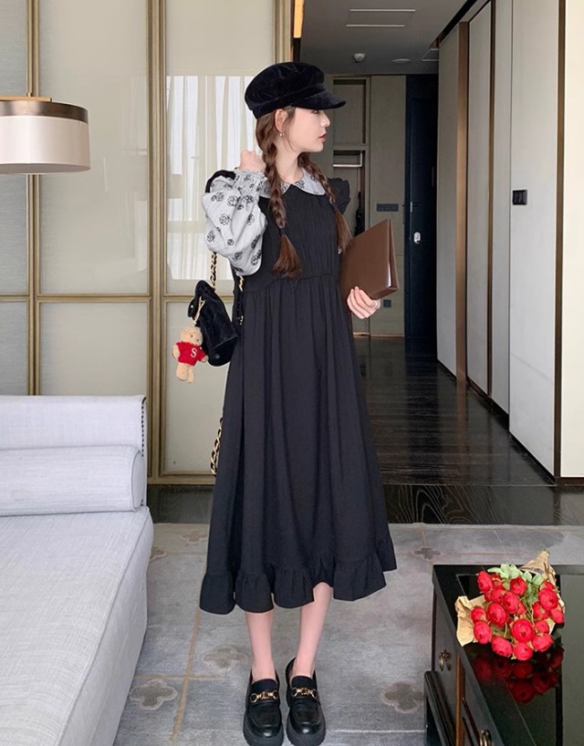 レイヤード風ワンピース レディース ワンピース 長袖 ロング ミモレ丈 フ重ね着風ワンピース ビッグ秋冬 花柄 韓国 大きいサイズ ファッション 