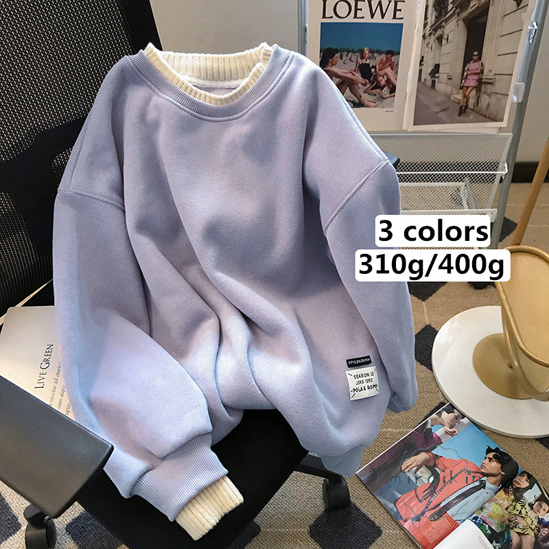トレーナー レディース レイヤードトレーナー 可愛い 重ね着風 ゆったり ワイド 秋冬 20代30代40代50代 フェイク 切替 310G 丸首 400G トップス 長袖 裏起毛 