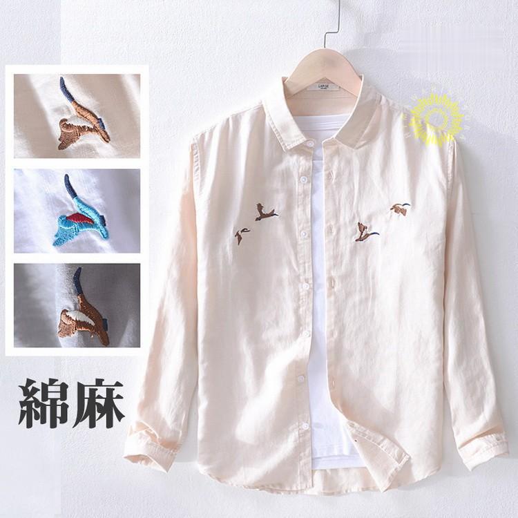 カジュアルシャツ メンズ シャツ 綿麻 リネンコットン 刺繍 メンズファッション 通勤 長袖 トップス リネンシャツ ビジネスカ SHIRT 