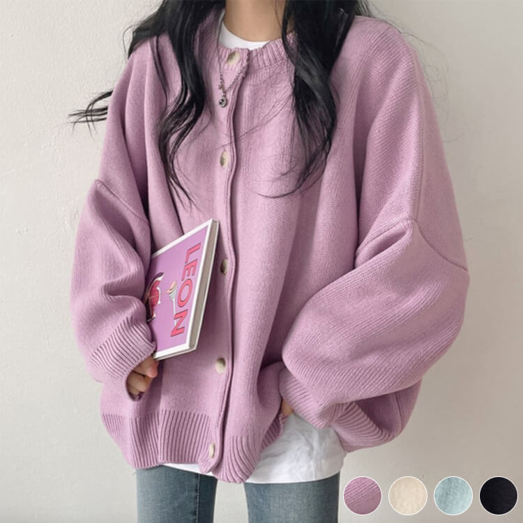 カーディガン レディース 韓国 アウター ニット ゆったり ドロップショルダー 無地 おしゃれ オーバーサイズ カジュアル シンプル クルーネック 