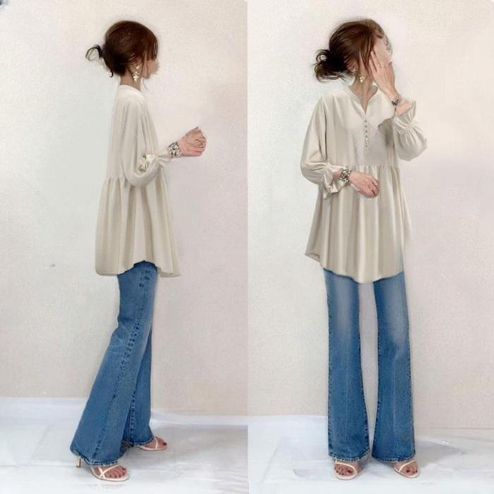 ブラウス レディース 長袖 フリルブラウス Vネック クルーネック 20代 体型カバー ストライプ 切り替え カジュアル ゆったり 