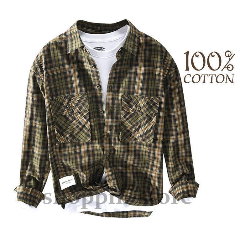 シャツ メンズ ミリタリーシャツ カジュアルシャツ チェック柄 100%綿 ファッション トップス 春 春 長袖 秋 