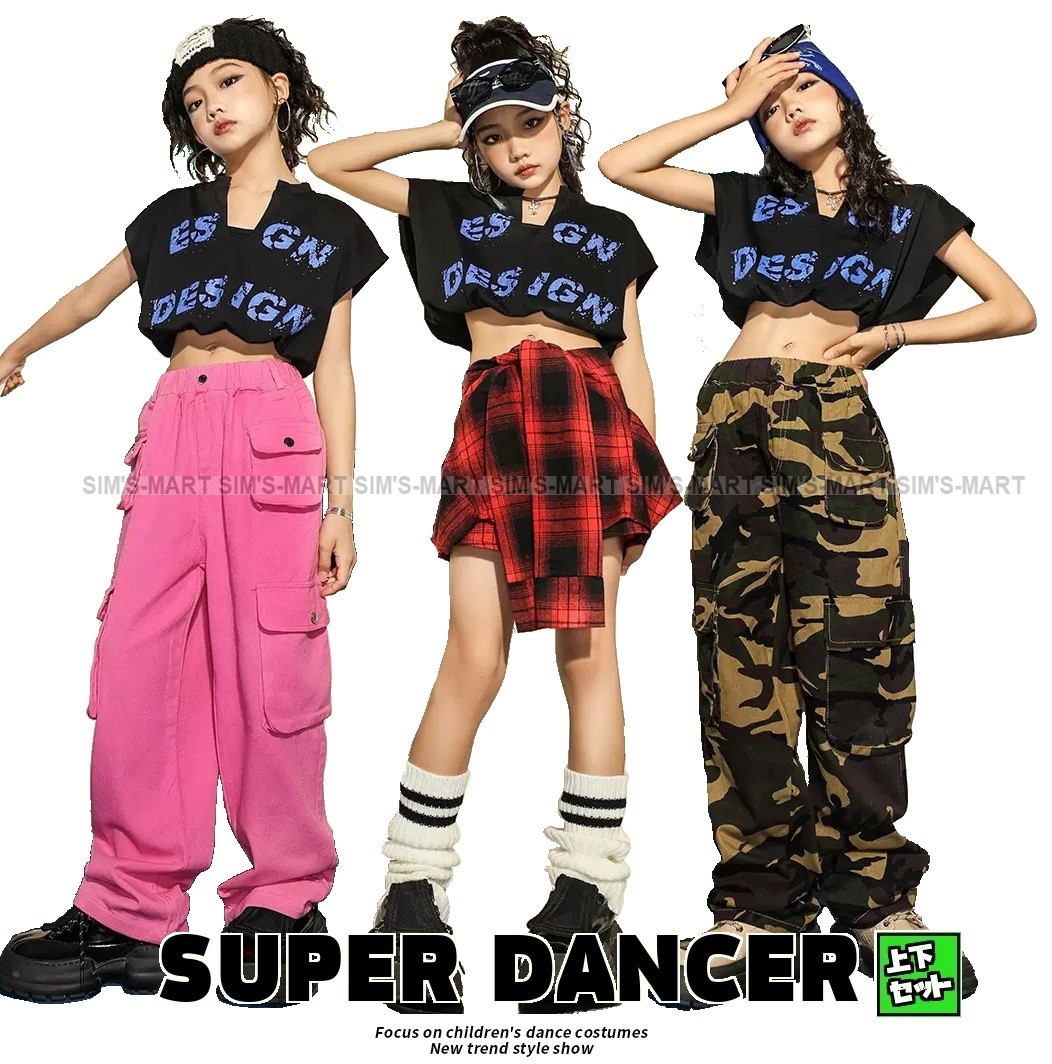 ダンス衣装 キッズ K-POP 韓国 ガールズ ヒップホップ 黒ピンク 子供ダンス服 迷彩パンツ レッスン着 ダンスウェア パンツ ヘソ出しトップス 赤 