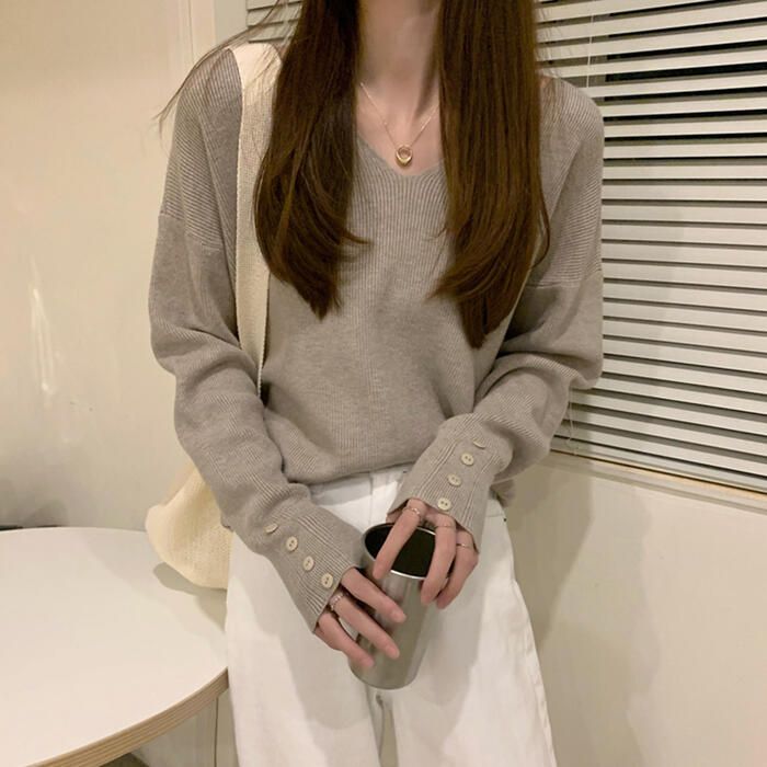 トップス ニット カットソー レディース きれいめ カジュアル ブラウン Vネック 大人 おしゃれ ベージュ ゆったり 長袖 シンプル 可愛い 体型カバー ベーシック 